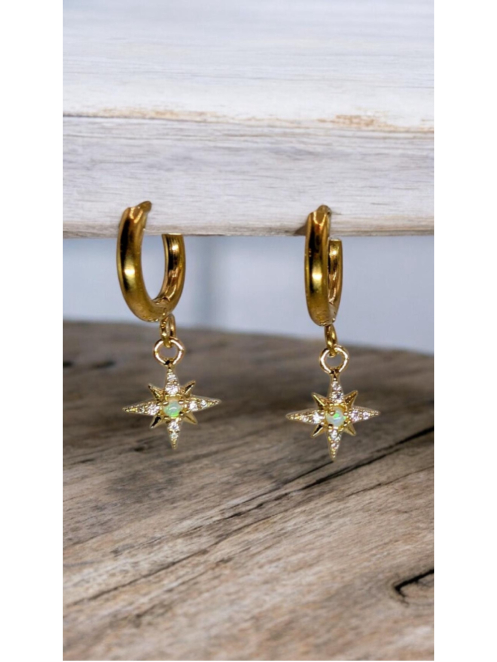 14k Gold Plated Star Opal Huggie Earrings – White Lab Created Opal & CZ Star